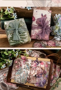 Vintage floral scrapbooking paper with butterflies, rabbits and leather journal book set
