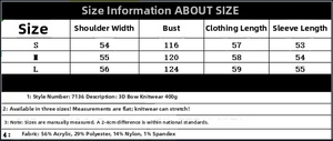 Detailed size chart for bow knit sweater showing S, M, L measurements in centimeters