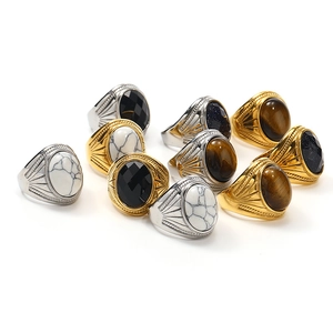 Vintage Signet Ring Titanium Steel With Tiger Eye Stone Howlite Black Gemstone Engraved Hip Hop Jewelry For Men