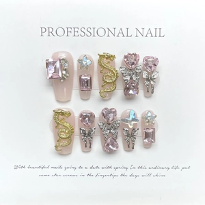 Handmade press-on nails with metal dragon, butterfly charms and sparkling crystals