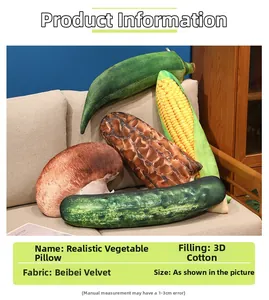 Detail of plush vegetable pillows in velvet fabric showing soft 3D cotton filling texture
