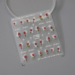Macro view of 3D embossed red rose and white leaf nail art stickers on matte film