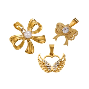 Three elegant 18K gold plated stainless steel bow and heart pendants with pearls and zircons