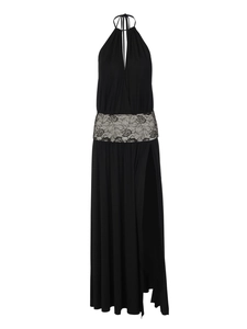 Robe longue noire sexy à licou avec dentelle à la taille et fente latérale haute