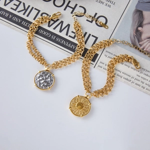 Vintage style multi-layer gold titanium steel chain bracelet with embossed coin pendants