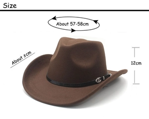 Brown wool cowboy hat size detail showing 57-58cm circumference and 8cm wide brim