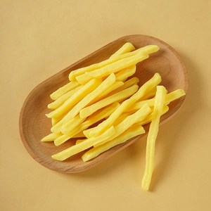 Realistic French fries food model on a wooden tray with a minimalist yellow background