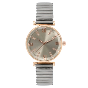 Ladies quartz watch with grey sunray dial, Roman numerals and rose gold elastic metal band
