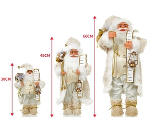 Tre dimensioni di bambole Babbo Natale oro champagne nel confronto da 30cm, 45cm e 60cm