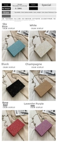 Detailed dimension guide and multi-color display of glossy 19cm chain clutch bags