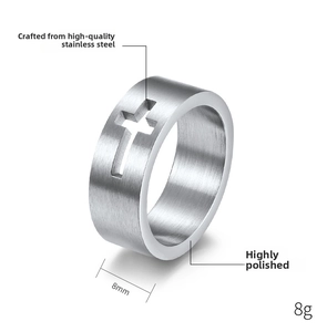 Detail view of 8mm stainless steel ring showing hollow cross design and brushed finish