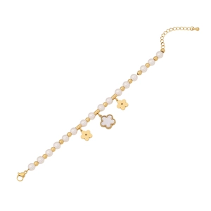 Elegant gold chain bracelet featuring white pearls and delicate floral charms