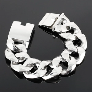 Mens polished stainless steel cuban link bracelet with industrial rectangular clasp