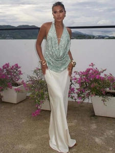 Haut Dos Nu À Paillettes Col V Et Jupe Longue En Satin Élégant Dos Nu Mince Tenues De Fête Soirée Clubwear Pour Femmes