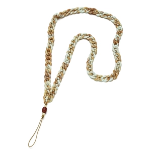 Close-up of marble pattern resin chain strap with gold ring and decorative bead