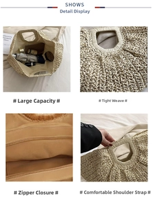 Detail view of large hand-woven straw tote bag with zipper closure and inner lining
