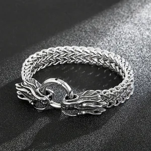 Detailed macro shot of silver titanium steel dragon head clasp on woven men's bracelet