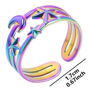 Detail showing adjustable ring diameter of 1.7cm with rainbow stars and moon design