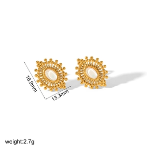 Boucles d'oreilles vintage en acier inoxydable doré 18k avec pierre de nacre ovale