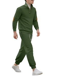 Men's dark green knit tracksuit featuring brown elbow patches and drawstring waistband