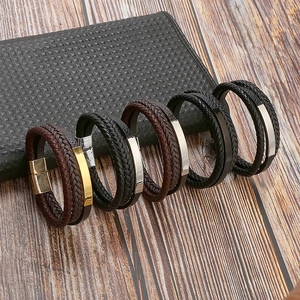 Men Multi-layer Braided Genuine Leather Bracelet With Stainless Steel Accent Alloy Magnetic Clasp Casual Bangle