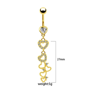Detail of 27mm golden heart pendant belly ring with cubic zirconia stones weighing 5g