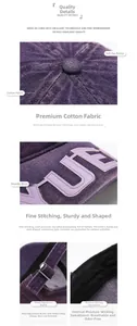 Detailed close-up of purple washed denim baseball cap with metallic buckle and embroidery