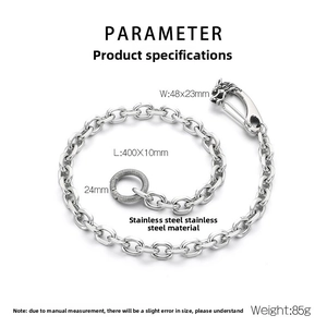 Detail of stainless steel wallet chain with beast head clasp and dimensions specs