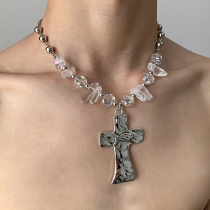 Crystal beaded cross necklace with irregular quartz stones and silver metal beads