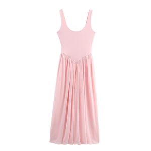 Elegant pink sleeveless mesh dress featuring a high-waisted pleated A-line skirt