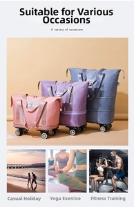 Detail view of foldable travel bags with universal wheels in pink, purple, and blue hues