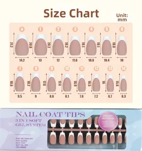 Size chart for French press-on nails showing 15 different soft gel tip dimensions in mm