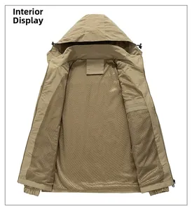 Detail view of khaki jacket's breathable mesh lining and hidden inner pocket