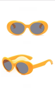 Vorder- und Seitenansicht der Vintage-Oval-Sonnenbrille für Kinder in Gelb und Grau