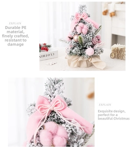 Detail of pink flocked mini Christmas tree with PE branches, bows and cotton balls