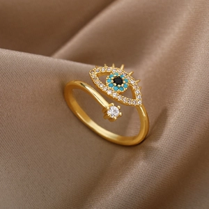 Evil Eye Open Adjustable Rings Copper Zircon Heart Leaf Bohemian Korean Style Trendy Fashion Jewelry Gift For Women
