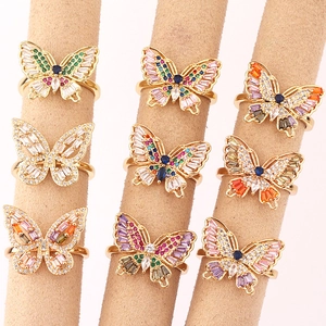 Butterfly Ring Copper 18K Gold Plated Colorful Zircon Micro Inlaid Adjustable Opening Fashion Jewelry For Women