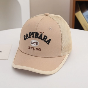 Close-up of Capybara embroidery and breathable mesh on children's baseball cap
