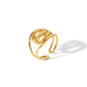 Detail of a golden twisted knot open ring featuring a double-band adjustable design