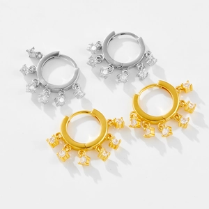 S925 sterling silver hoop earrings with five sparkling white zircon pendants in gold and silver