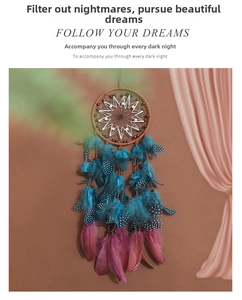Detail of vintage dreamcatcher with peacock blue feathers and white star-shaped woven web