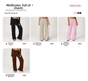 High-waisted wide-leg sweatpants shown in black, apricot, pink, and brown colors