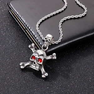 Hip hop style stainless steel skull pendant with red eyes and silver rope chain