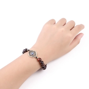 Natural Red Tiger Eye bead bracelet with golden Evil Eye charm pendant for women and men