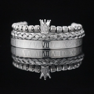 Three-piece silver titanium steel bracelet set featuring crown and Roman numerals