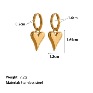 Golden stainless steel heart earrings with dimensions and weight details on white background