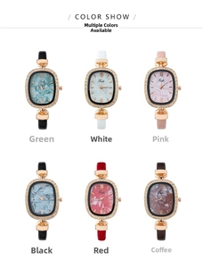 Six colors of oval rose gold watches with marble dials and leather straps