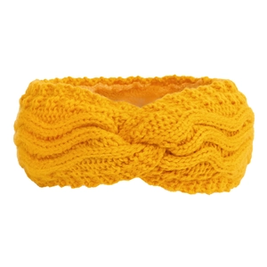 Detail of yellow knit winter headband featuring a soft fleece-lined chunky braided texture