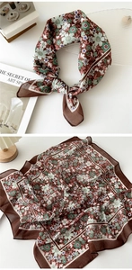 Detail of dark brown floral cotton linen square scarf with delicate print pattern