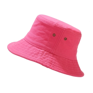Detail view of pink cotton bucket hat with metal eyelets and reinforced stitched brim